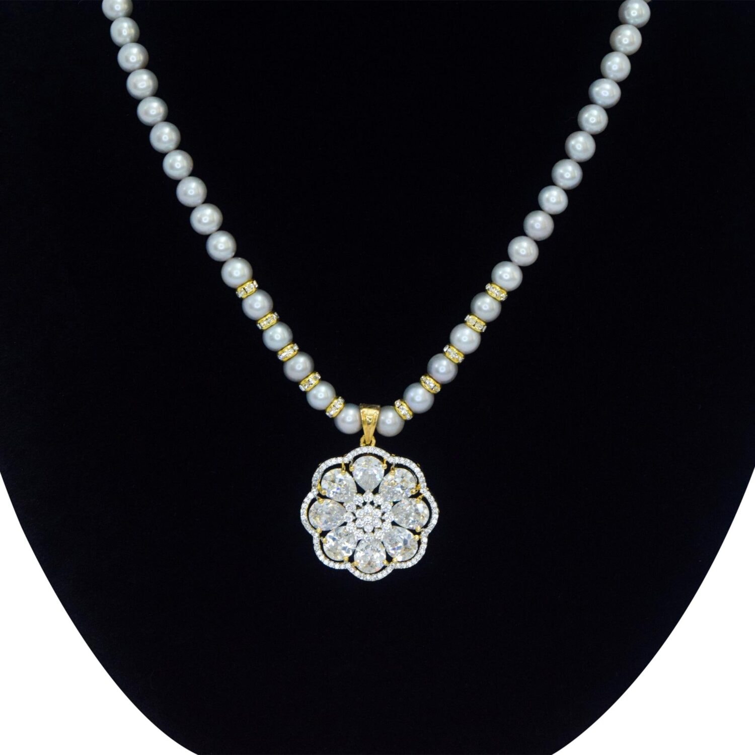 Lustrous Round Steel Grey Pearl Necklace with Zircon Pendant - Image 2