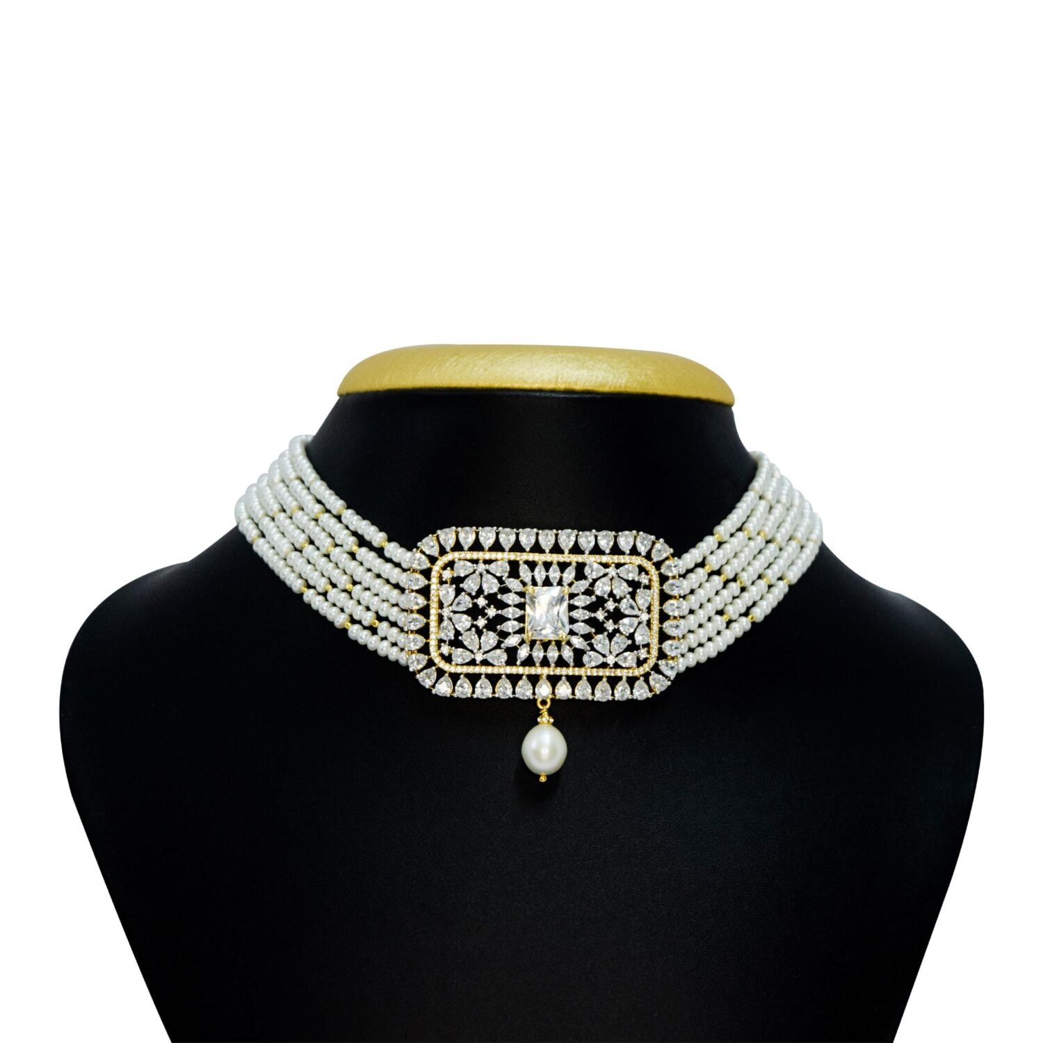 Luxurious Multi Strand Pearls Choker With Zircon Pendant - Image 2