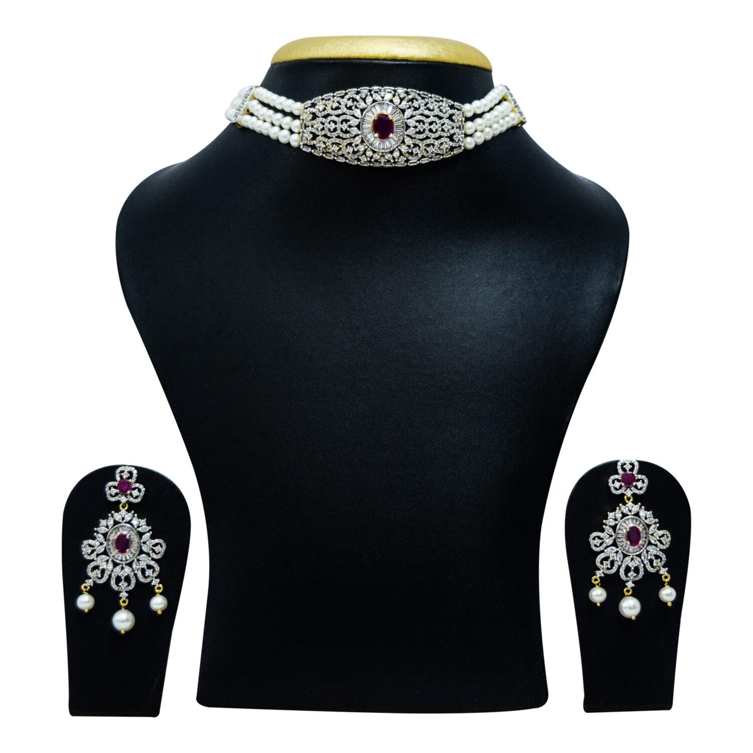 Sparkling Triple Line Pearls Choker With SP Ruby Zircon Pendant
