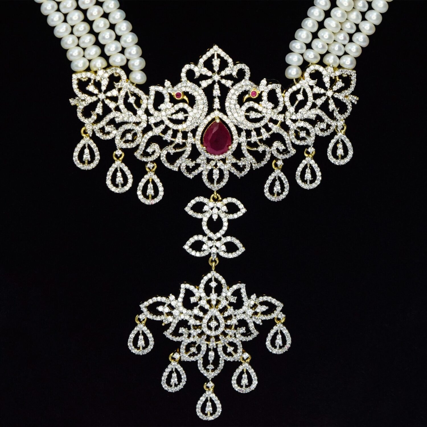 Royal White Pearls Haar With CZ Peacock Pathakam - Image 2