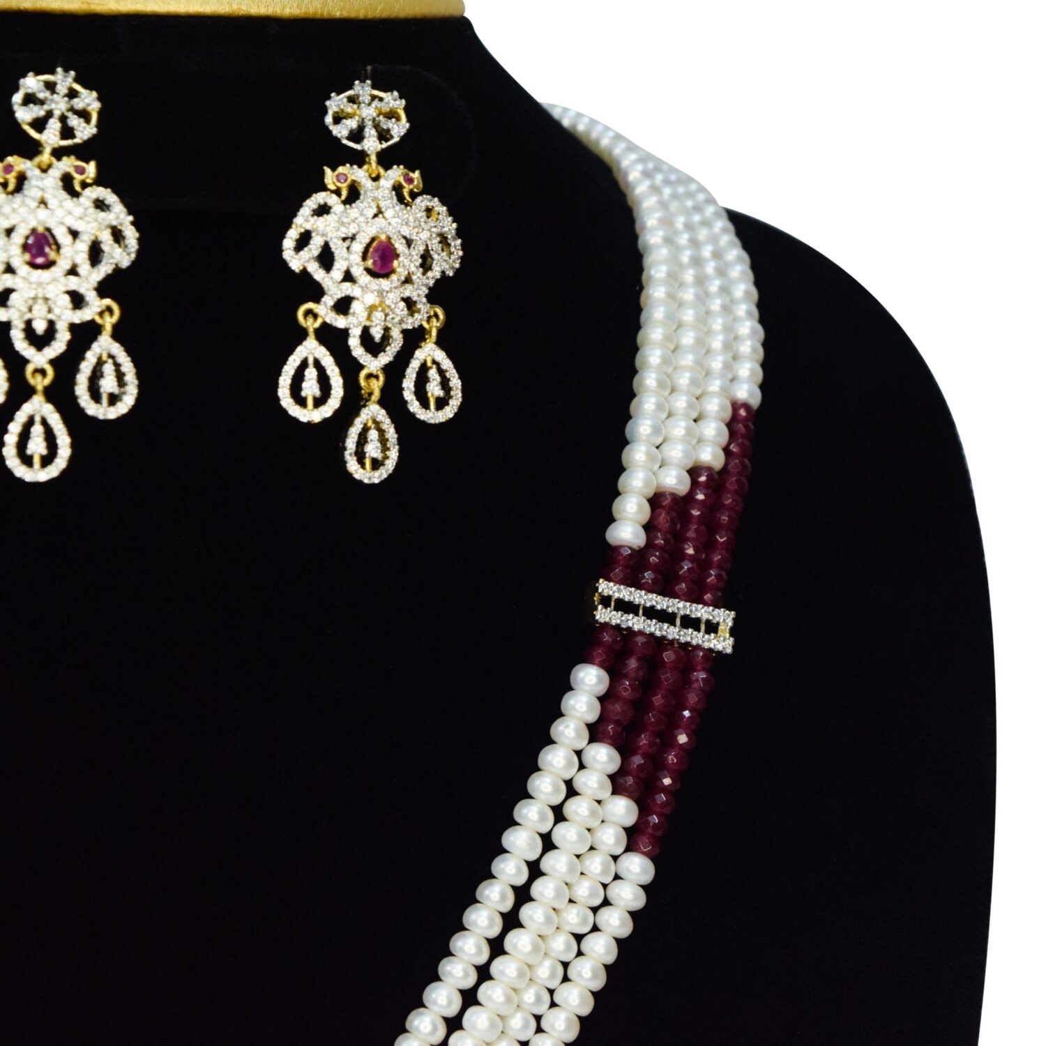 Royal White Pearls Haar With CZ Peacock Pathakam - Image 3
