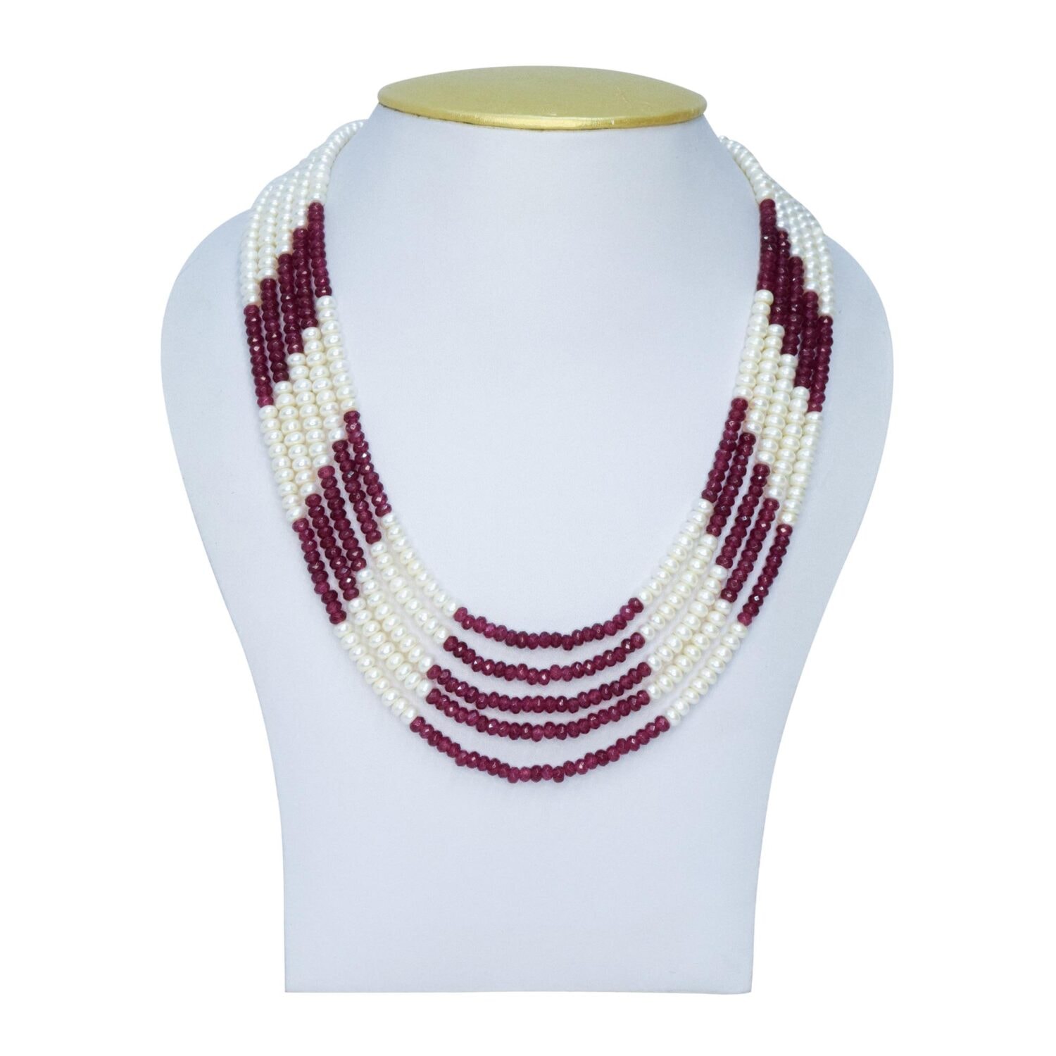 Gorgeous Multi-Layer Necklace With White Pearls & SP Rubies