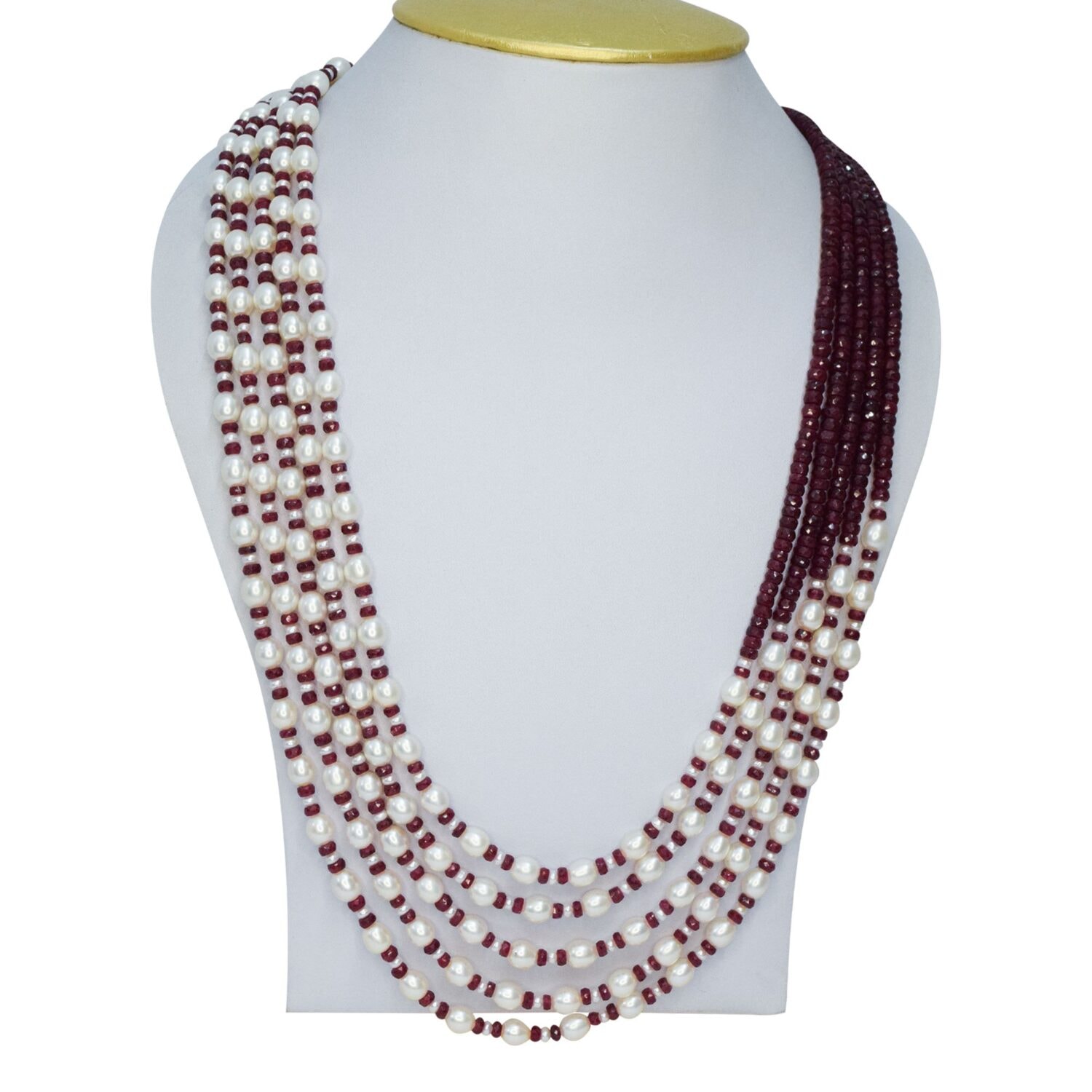 Luxe Multi-line Oval Pearls Mala With Real Rubies & Seed Pearls - Image 2