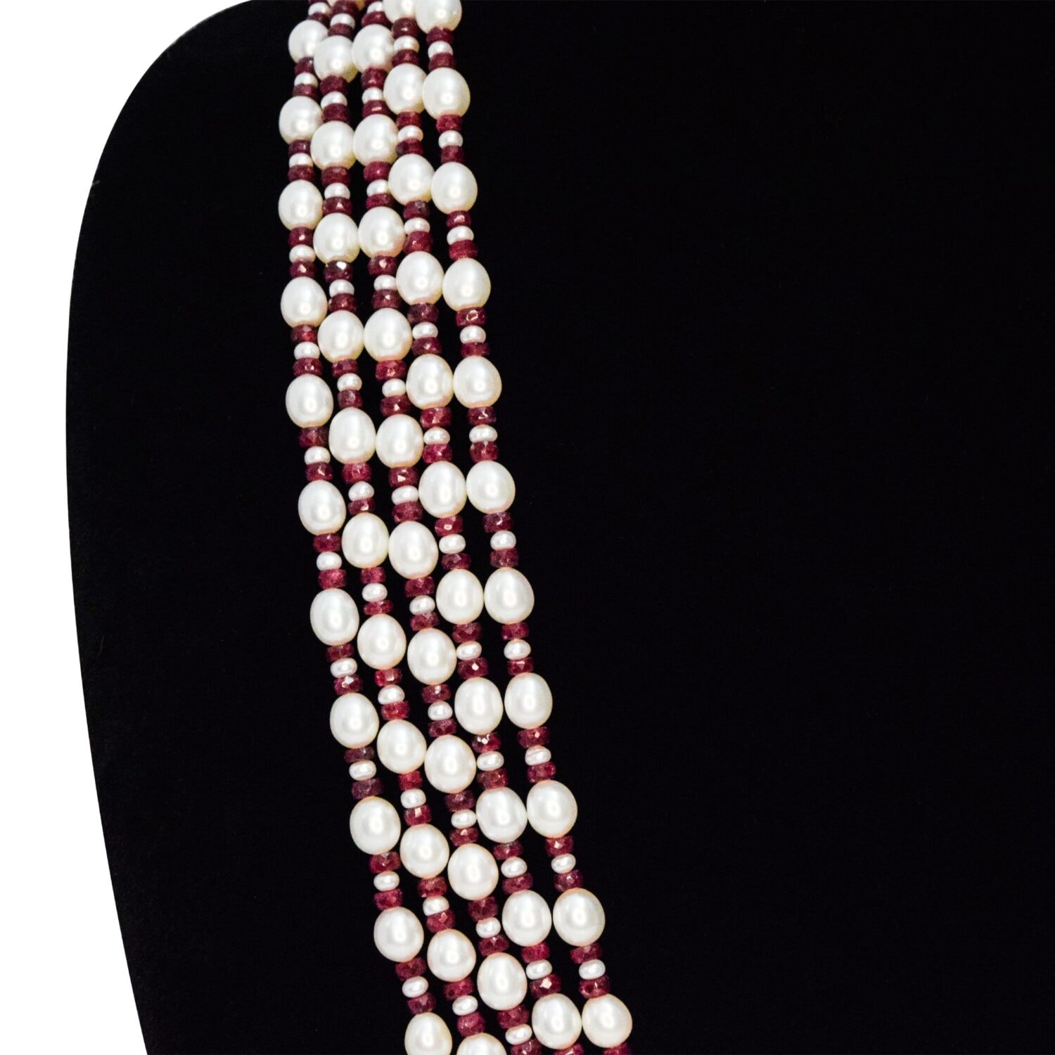 Luxe Multi-line Oval Pearls Mala With Real Rubies & Seed Pearls - Image 3