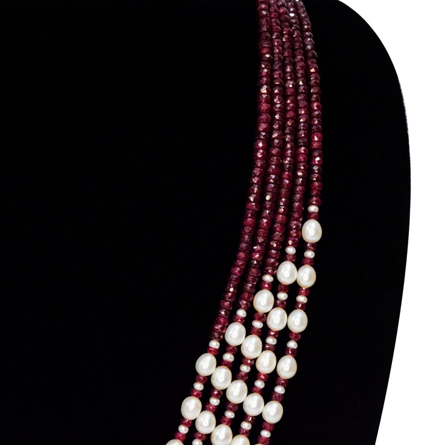 Luxe Multi-line Oval Pearls Mala With Real Rubies & Seed Pearls - Image 4