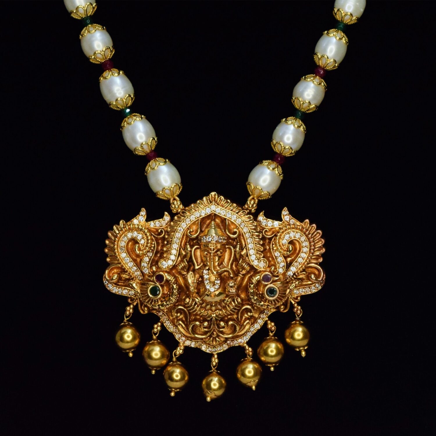 Magnificent Oval White Pearls Mala With Lord Ganesha Pendant - Image 2