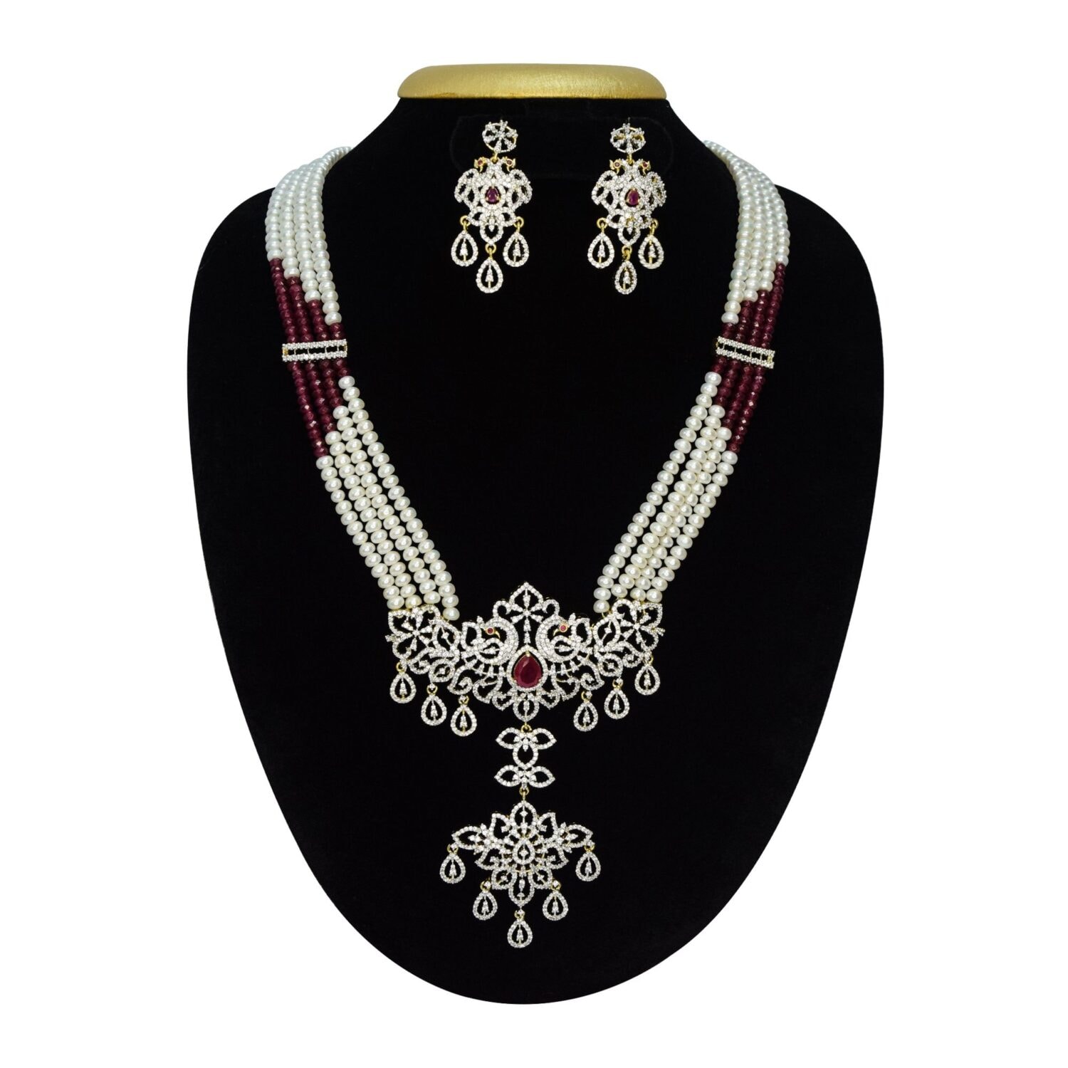 Royal White Pearls Haar With CZ Peacock Pathakam