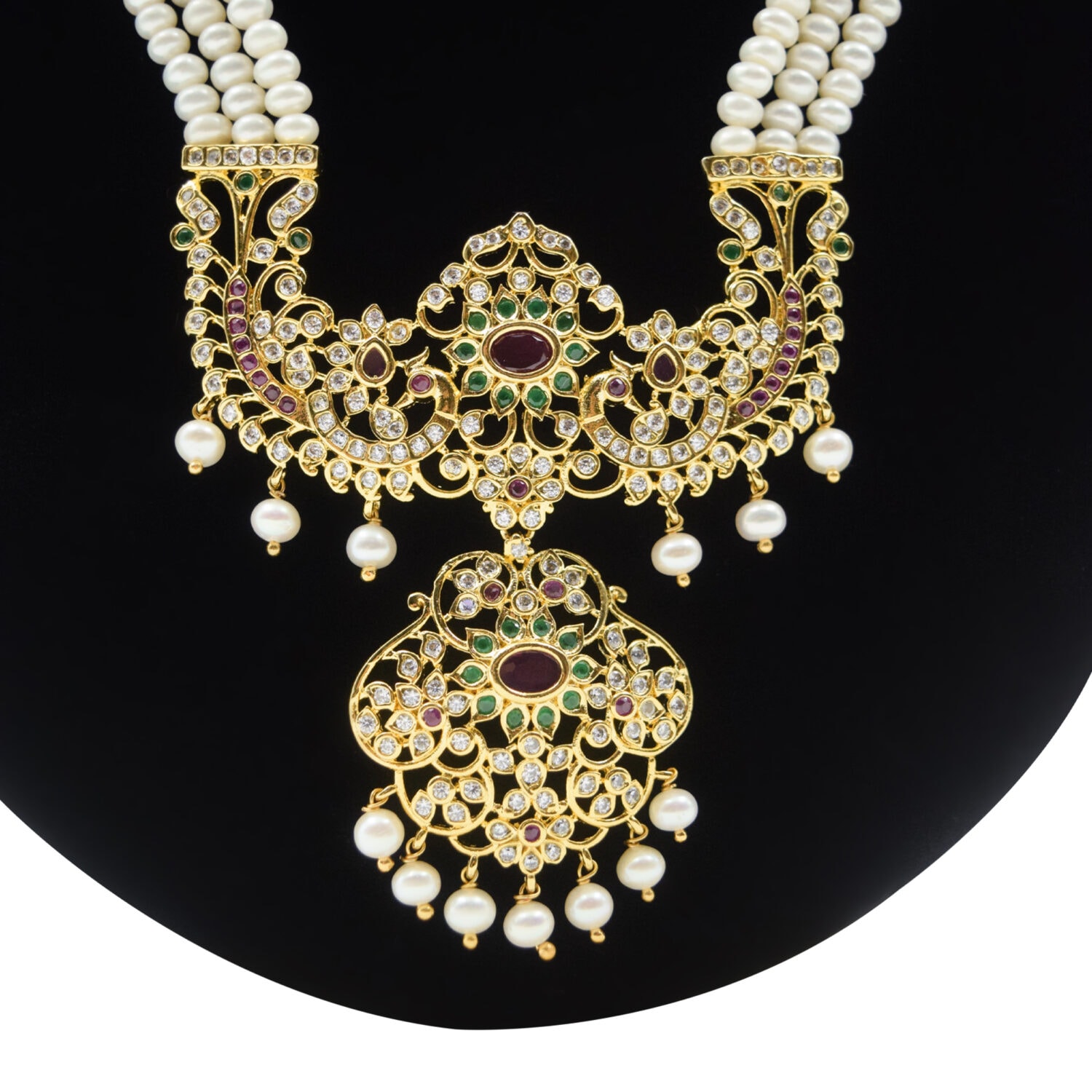 Ornate Triple Row White Pearl Haar With Traditional peacock pathakam - Image 3