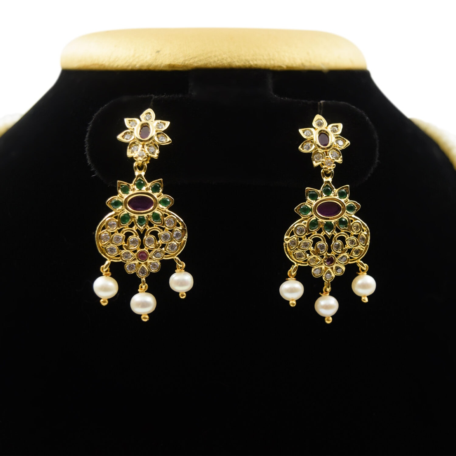 Ornate Triple Row White Pearl Haar With Traditional peacock pathakam - Image 2