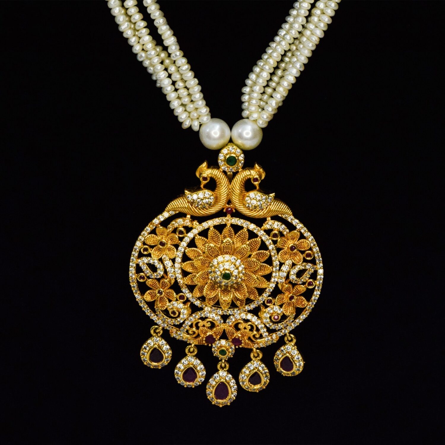 Magnificent Multi-Row White Pearls Mala With Ornate Peacock Pendant - Image 2