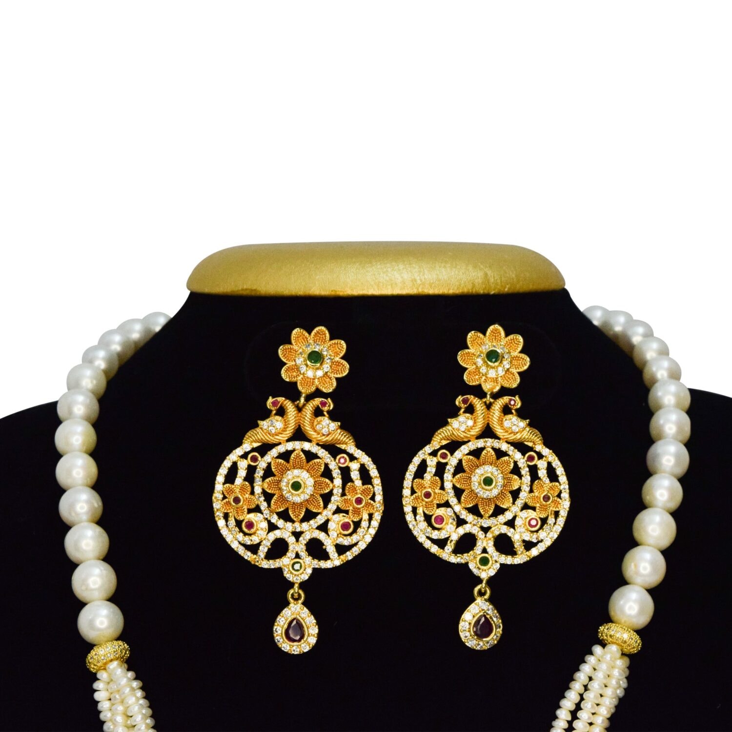Magnificent Multi-Row White Pearls Mala With Ornate Peacock Pendant - Image 3