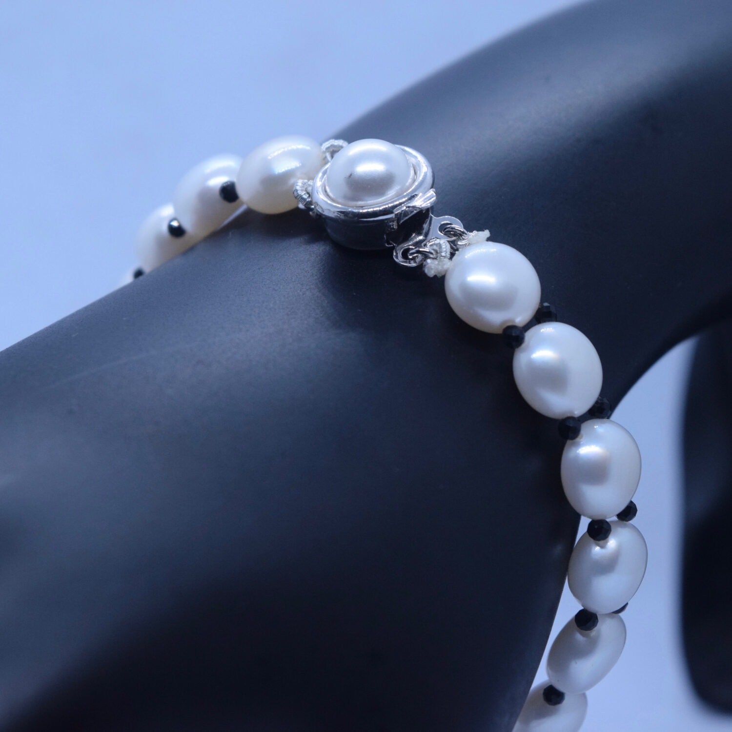 Classy White Button Pearls Bracelet With Black CZ Crystals - Image 2