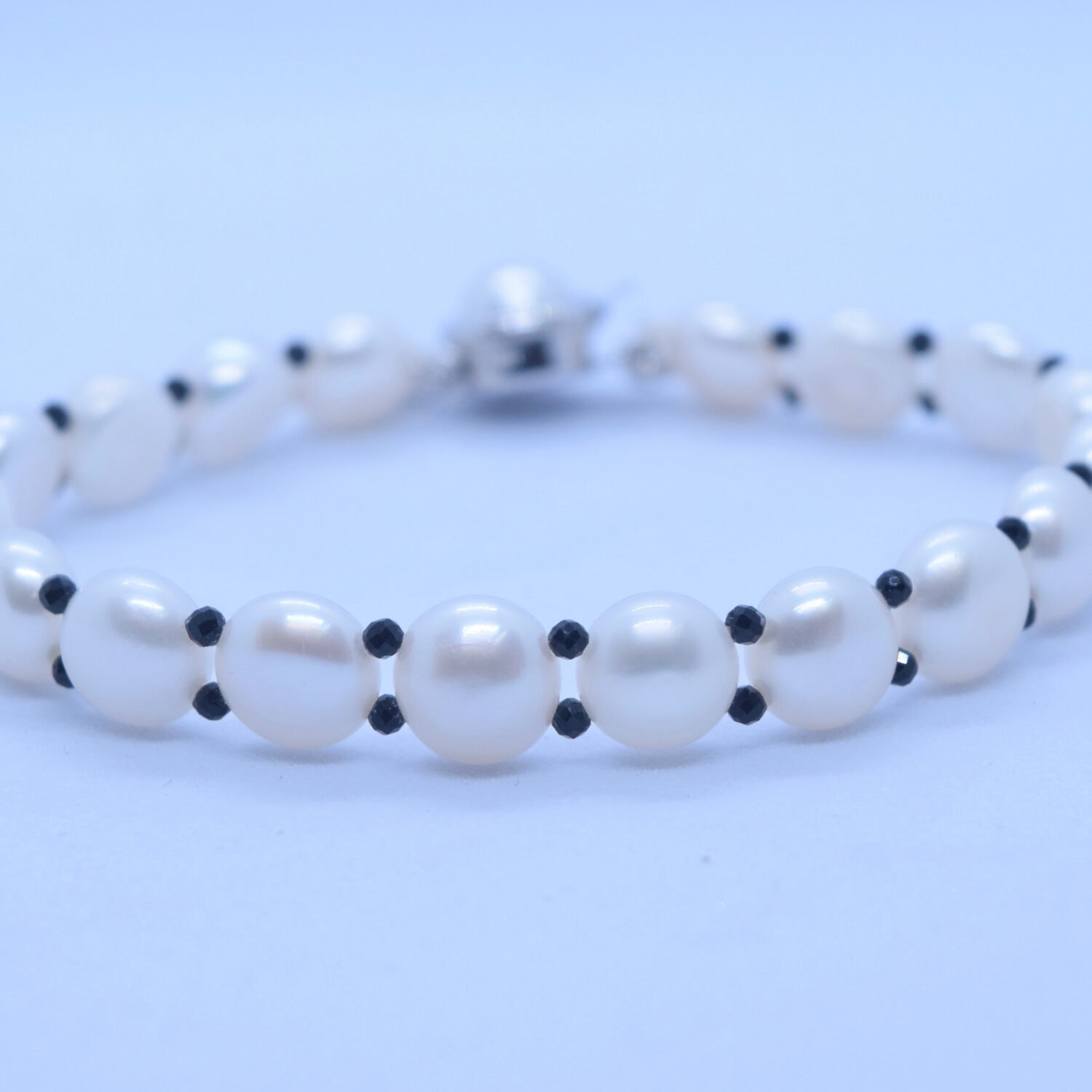 Classy White Button Pearls Bracelet With Black CZ Crystals - Image 3