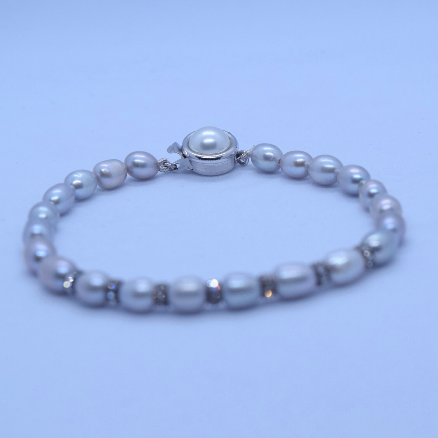 Subtle 5mm Grey Oval Pearl Bracelet With CZ Spacers - Image 2