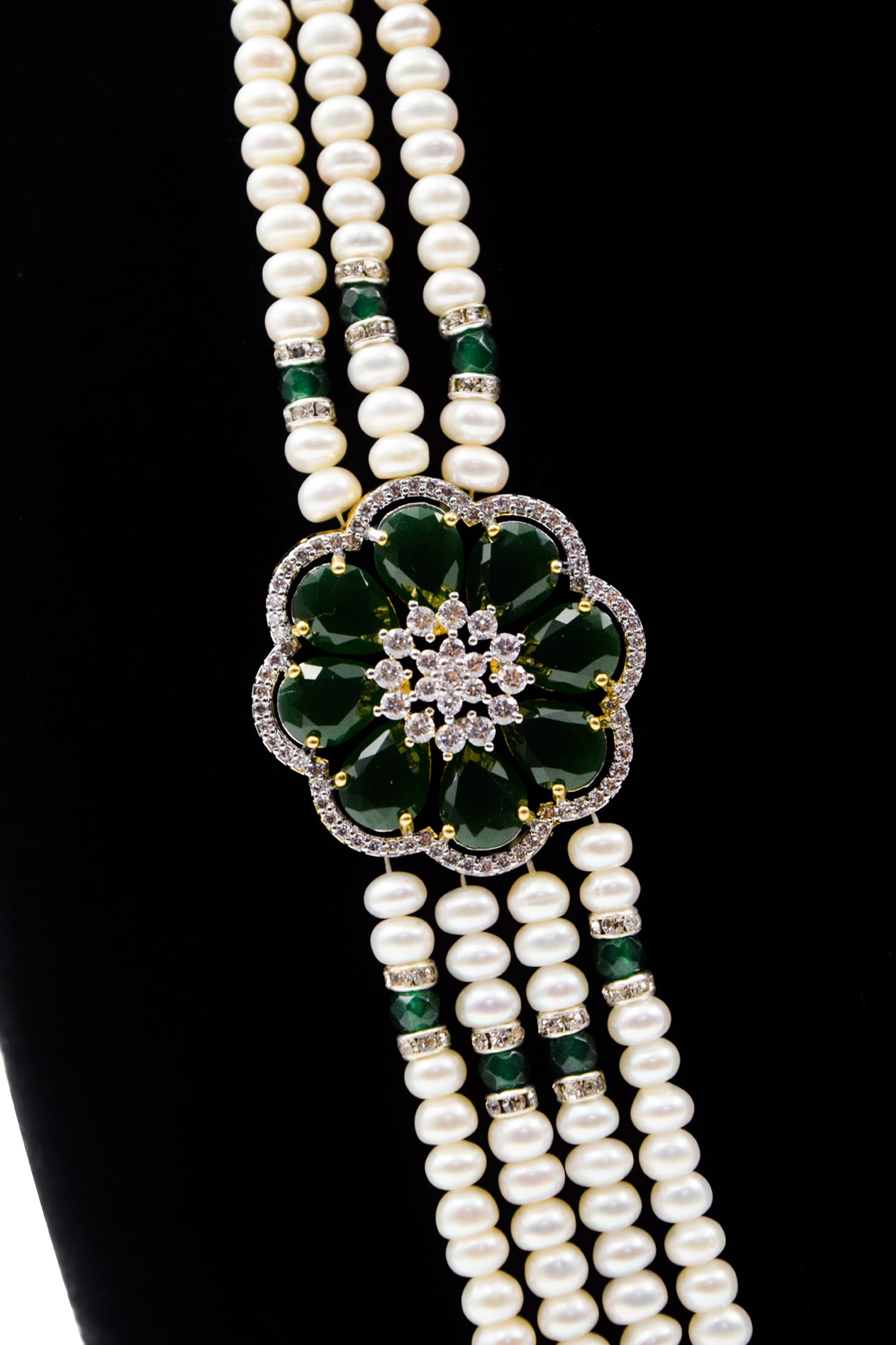 Luxurious Pearls Haar With CZ & SP Emeralds Floral Side Pendants - Image 2