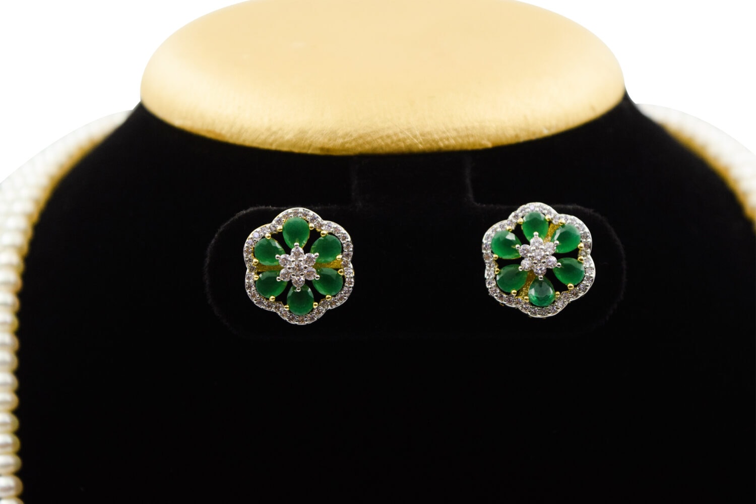 Luxurious Pearls Haar With CZ & SP Emeralds Floral Side Pendants - Image 3