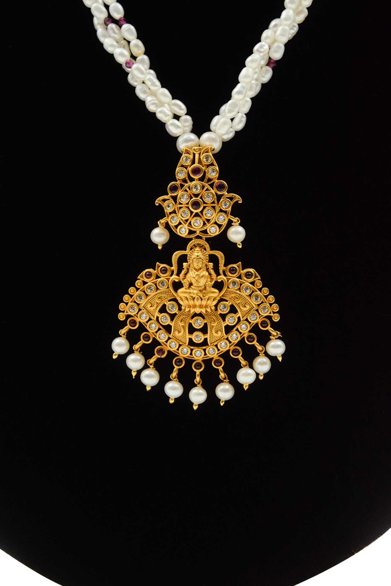 Beautiful White Rice Pearls Mala With Traditional Lakshmi Pendant - Image 2
