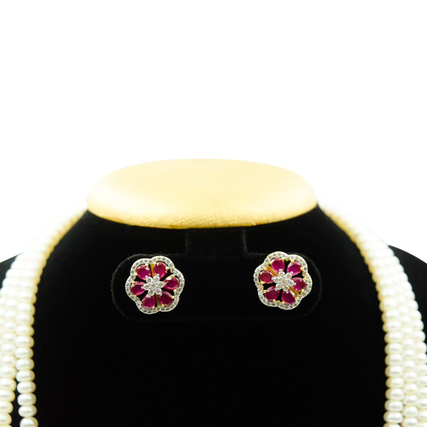 Magnificent Three Row Pearls Haar With CZ & SP Rubies Side Pendants - Image 3