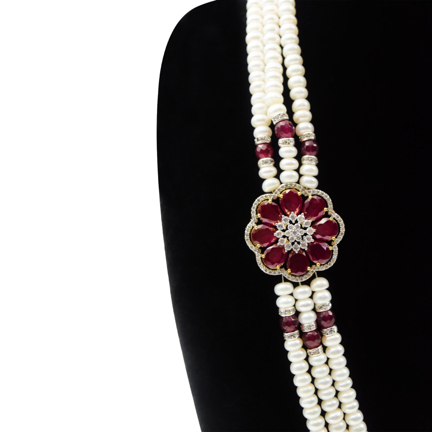 Magnificent Three Row Pearls Haar With CZ & SP Rubies Side Pendants - Image 2