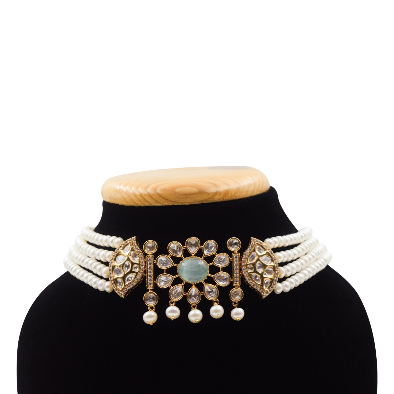 Subtle & Elegant White Pearls Multi-line Choker With Green Onyx Pendant - Image 2