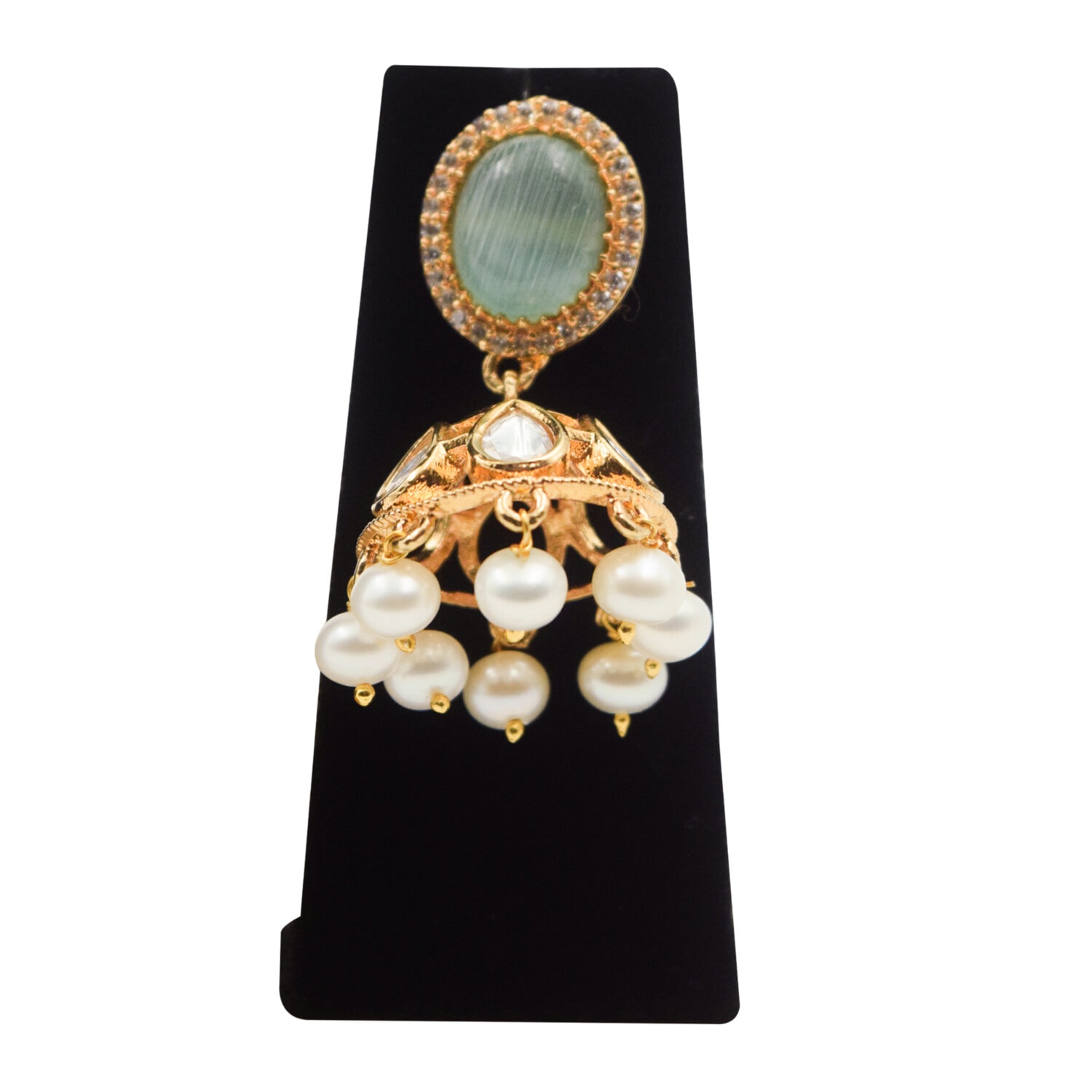 Subtle & Elegant White Pearls Multi-line Choker With Green Onyx Pendant - Image 3