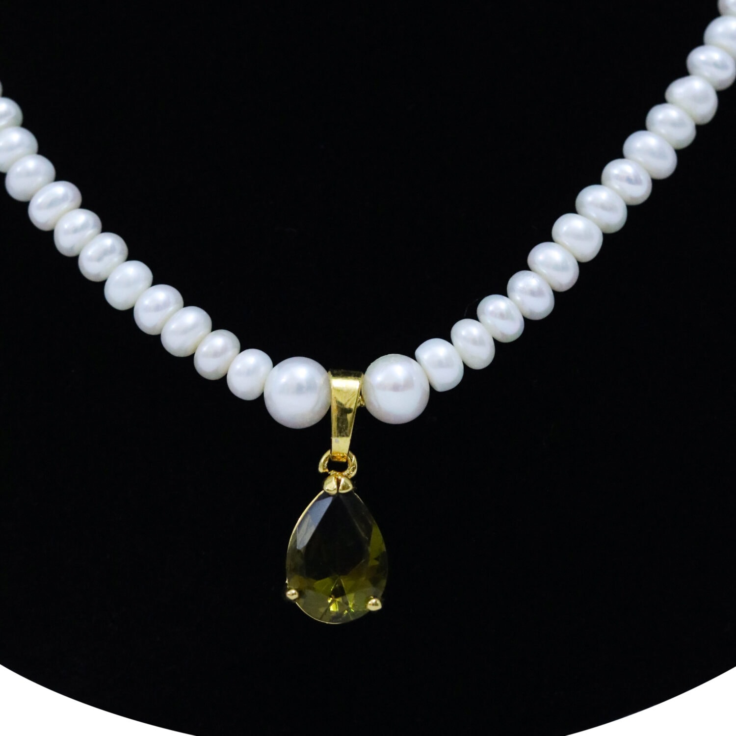 Bright White Semi-round Pearls With Teardrop SP Peridot Pendant - Image 2