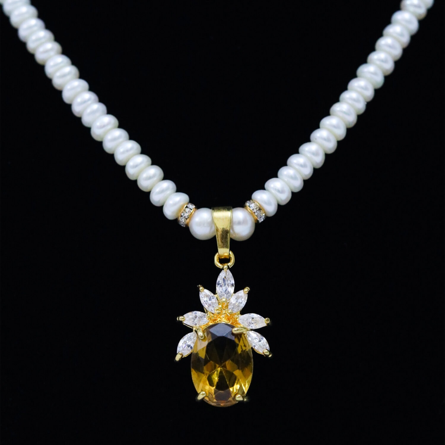 Stellar White Pearl Necklace With Zircons & SP Yellow Sapphire Pendant - Image 2