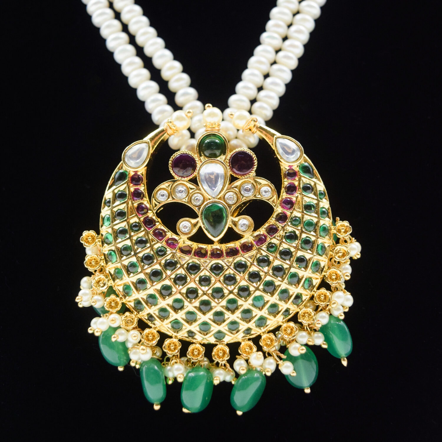 Traditional Double-Line Pearls Haar With SP Emerald Chaand Bali Pendant - Image 3