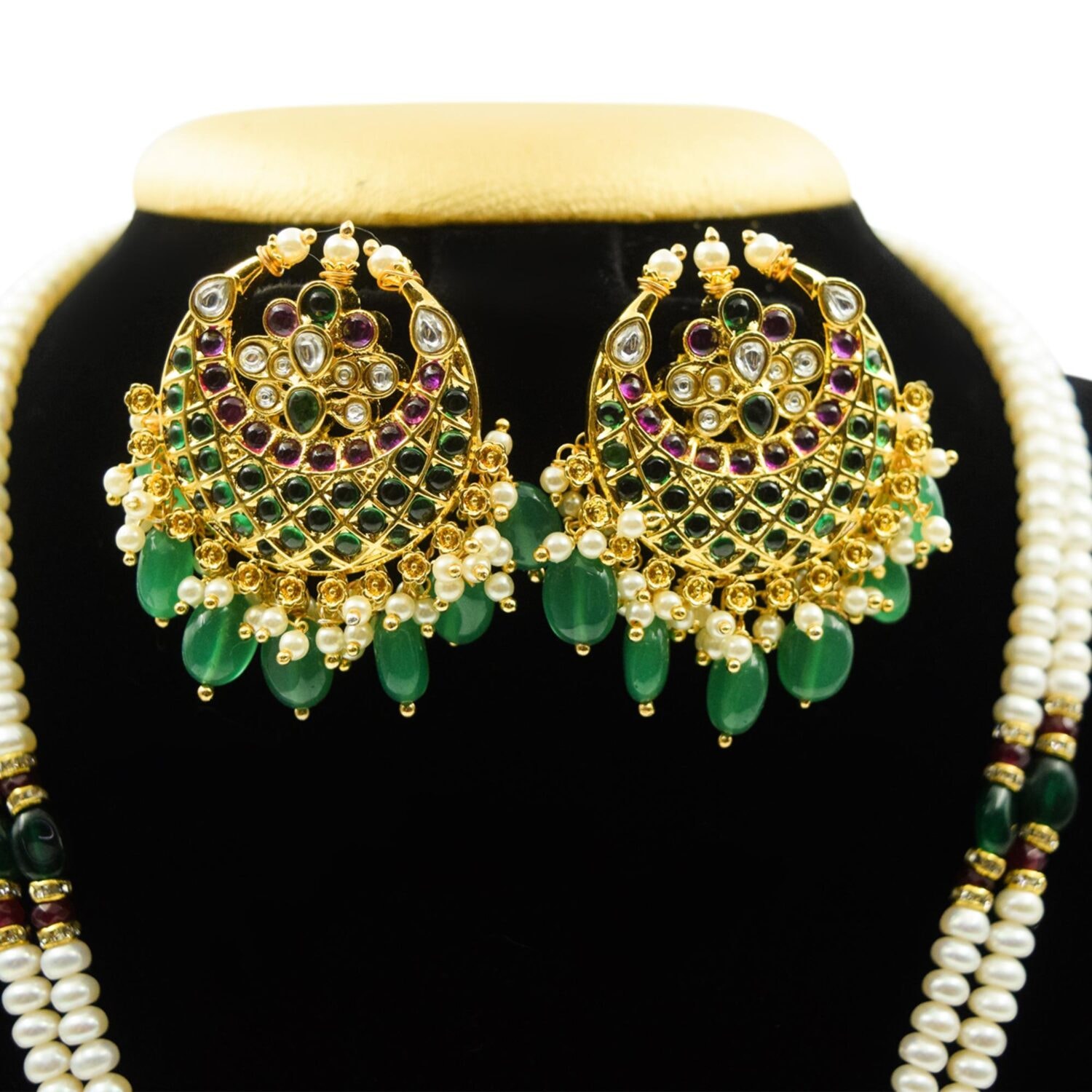 Traditional Double-Line Pearls Haar With SP Emerald Chaand Bali Pendant - Image 2