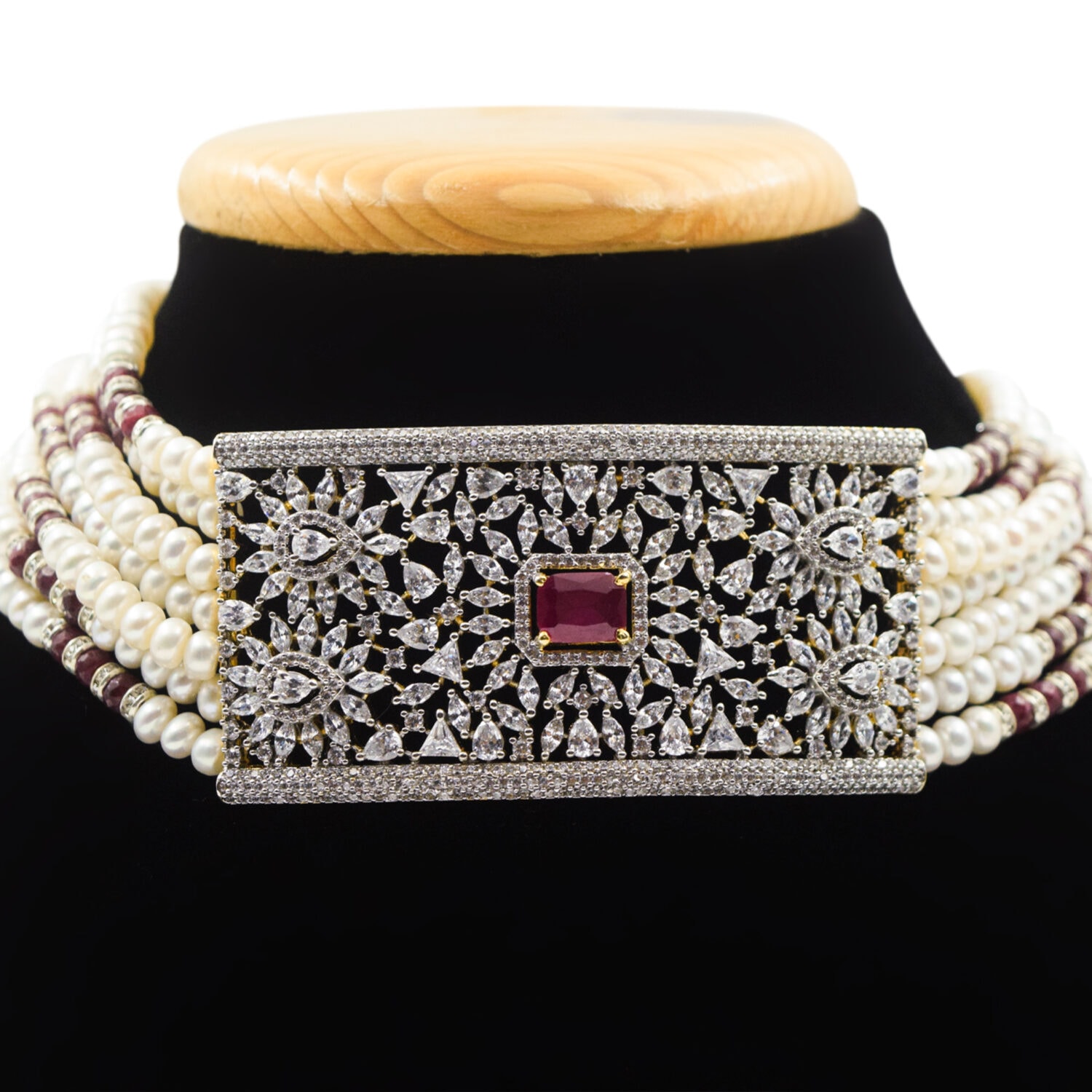 Stellar Multi-Strand White Pearls Choker With Grand CZ & SP Ruby Pendant - Image 2