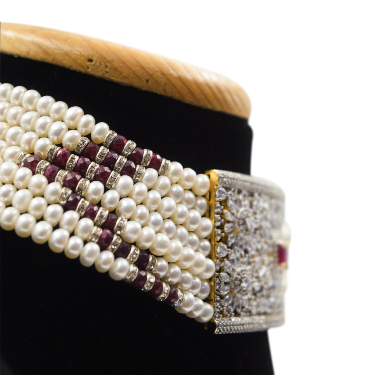 Stellar Multi-Strand White Pearls Choker With Grand CZ & SP Ruby Pendant - Image 3