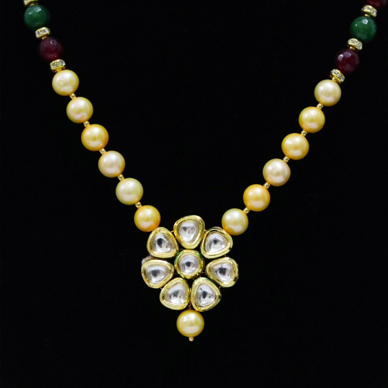 Spectacular Golden Pearls Necklace With Floral Kundan Pendant - Image 2