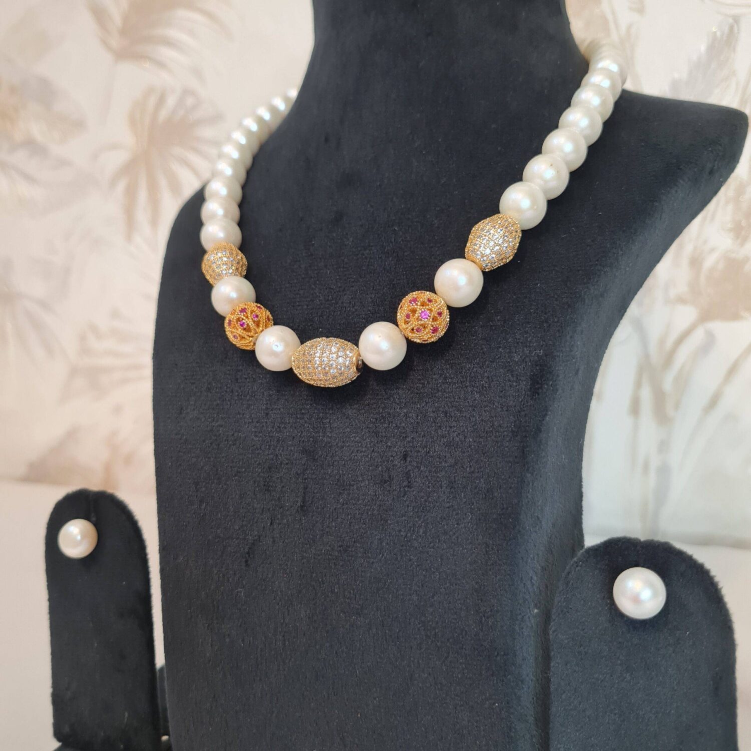 Stately 17 Inch Necklace With 10.5 mm White Round Pearls With CZ & Ruby Spacers - Image 2