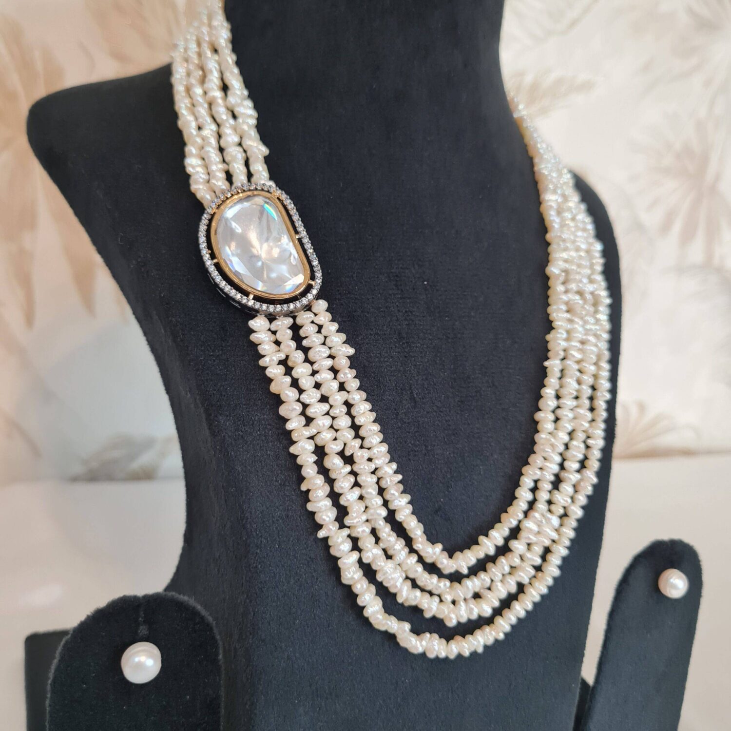 Sensational Multi-Row White Baroque Pearl Necklace With Oxidised Polki Pendant - Image 2