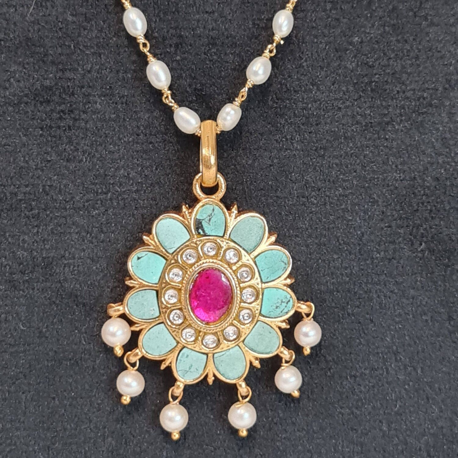 Subtle 22Inch White Oval Pearls Taar Necklace With 925 Turquoise Pendant - Image 2