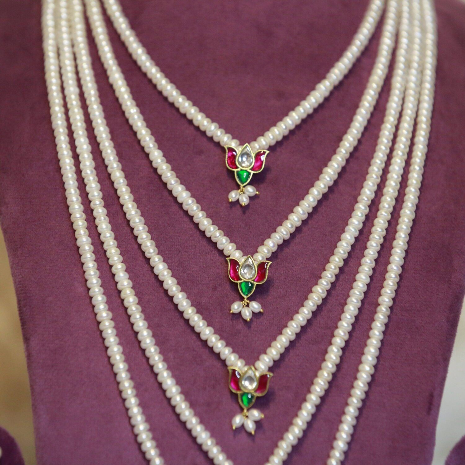 Magnificent 5Layer White Semi-Round Pearl Long Necklace With Kemp Pendants - Image 3