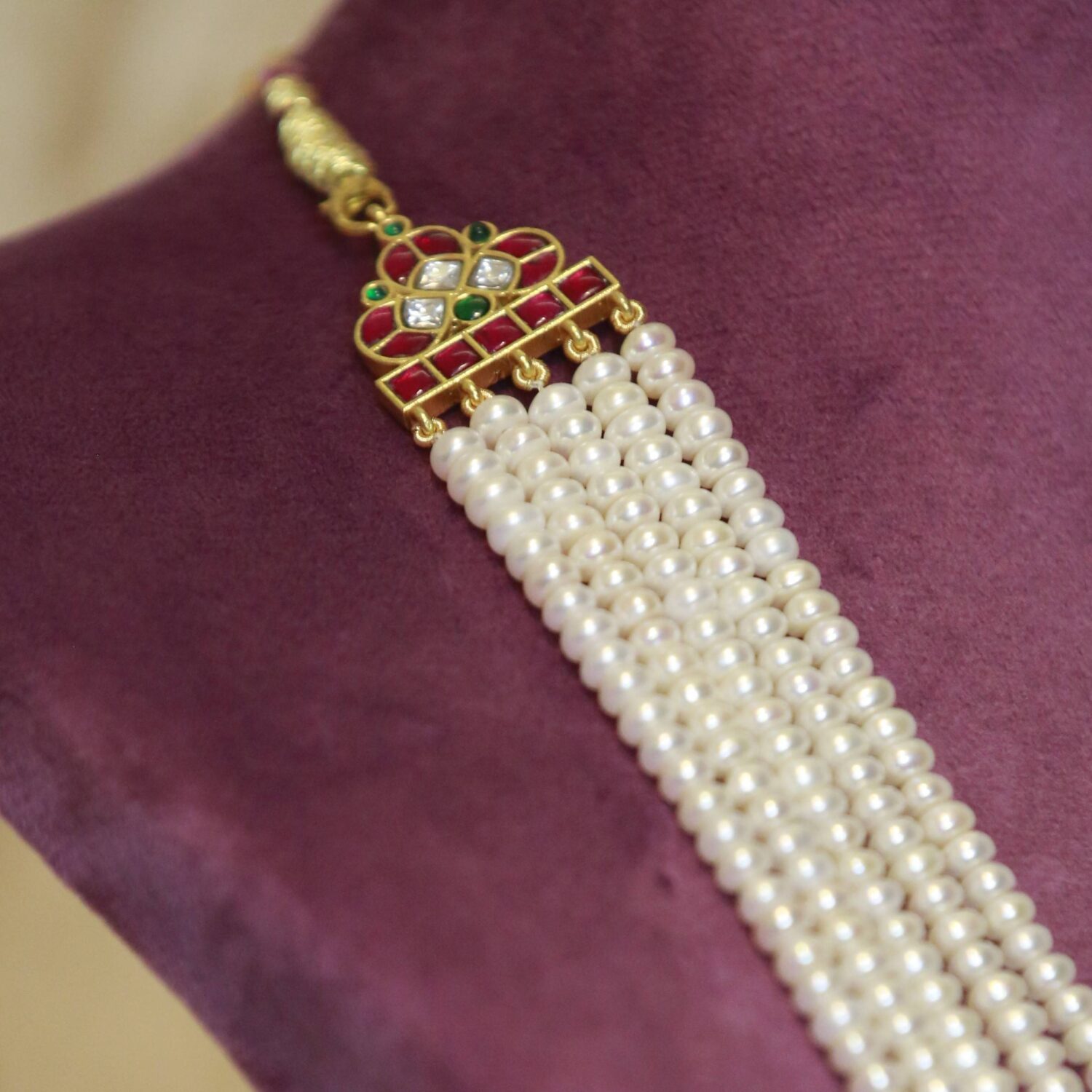 Magnificent 5Layer White Semi-Round Pearl Long Necklace With Kemp Pendants - Image 2