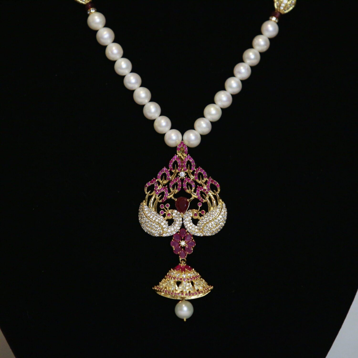 Striking White Round Pearl Necklace With A Lovely SP Ruby Peacock Pendant - Image 2
