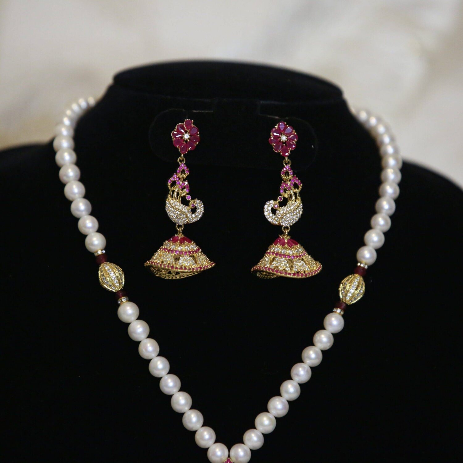 Striking White Round Pearl Necklace With A Lovely SP Ruby Peacock Pendant - Image 3