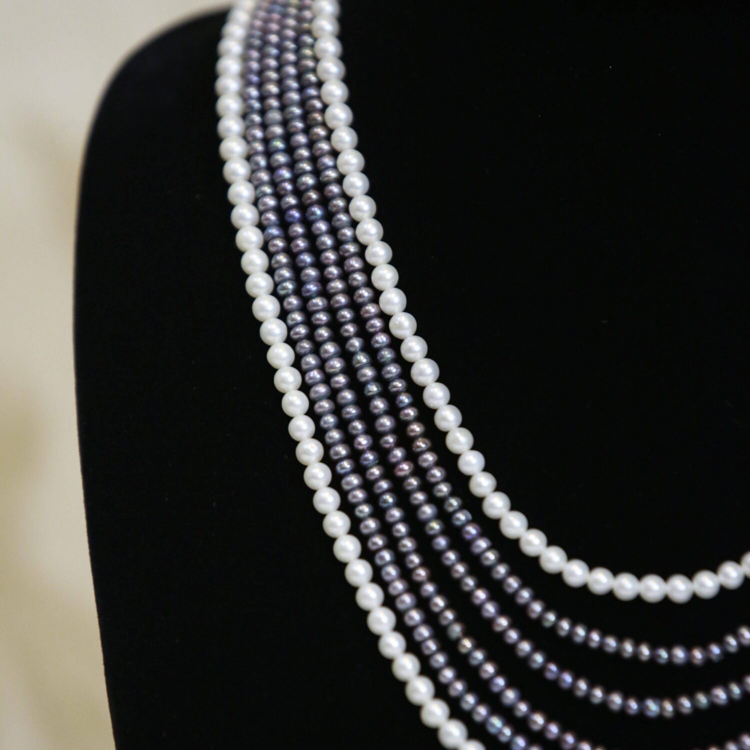 Subtle Multi-line 19Inch Pearl Necklace With White & Bluish Grey Pearls - Image 2