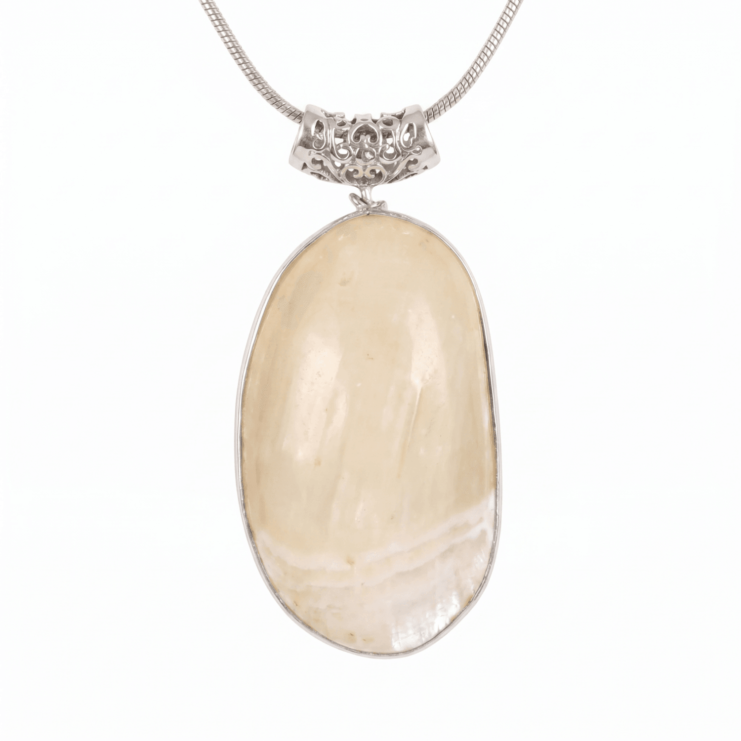 Exquisite Mother of Pearl Pendant With A Filigree Clasp