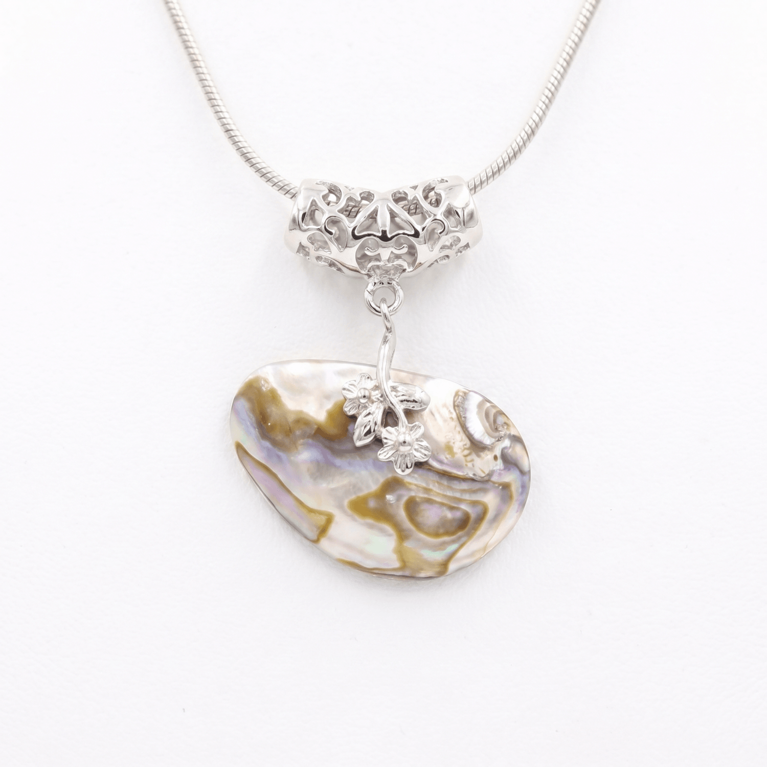Unique Abalone Mother of Pearl Pendant With A Filigree Clasp
