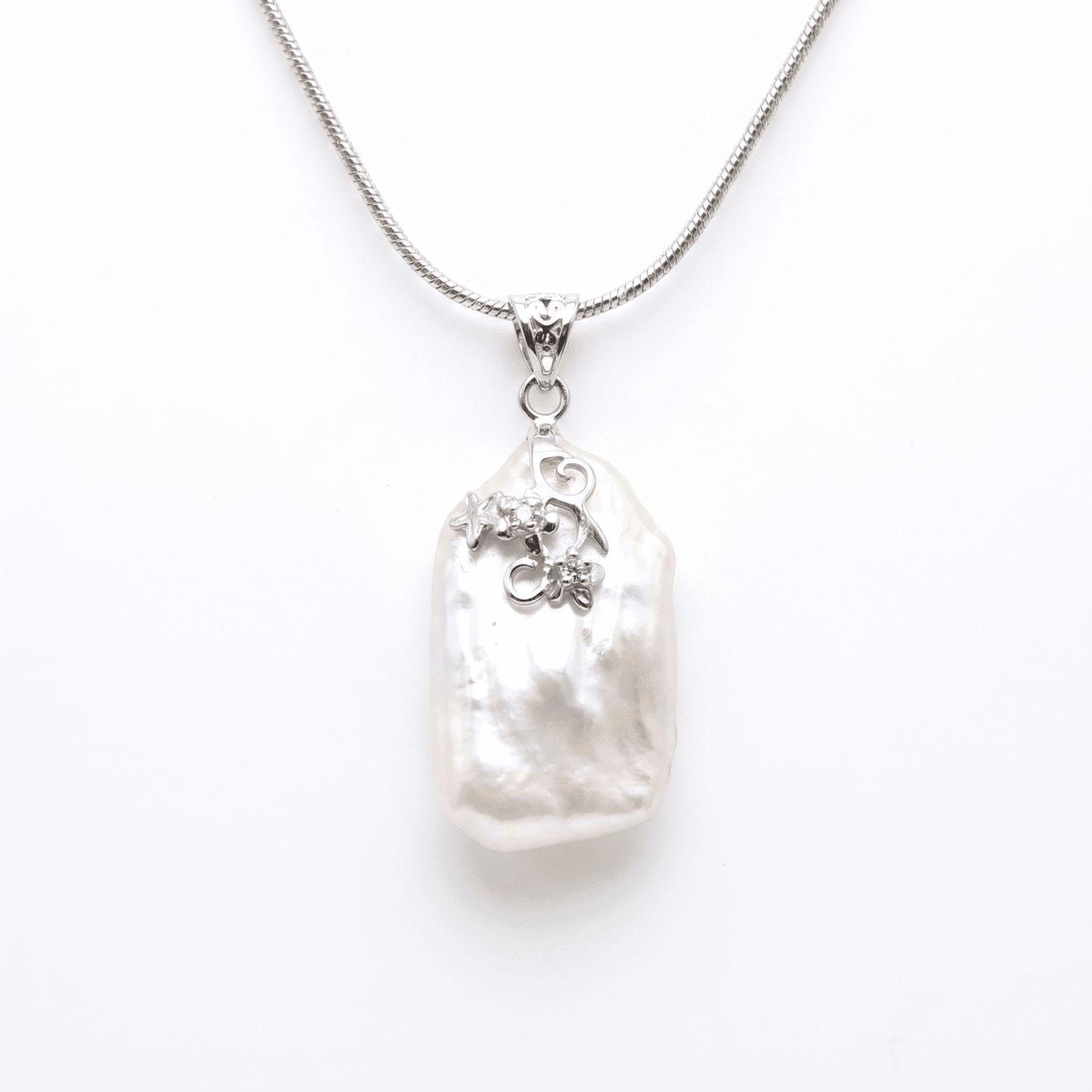 Charismatic White Baroque Pearl Pendant With CZ Floral 925 Silver Clasp