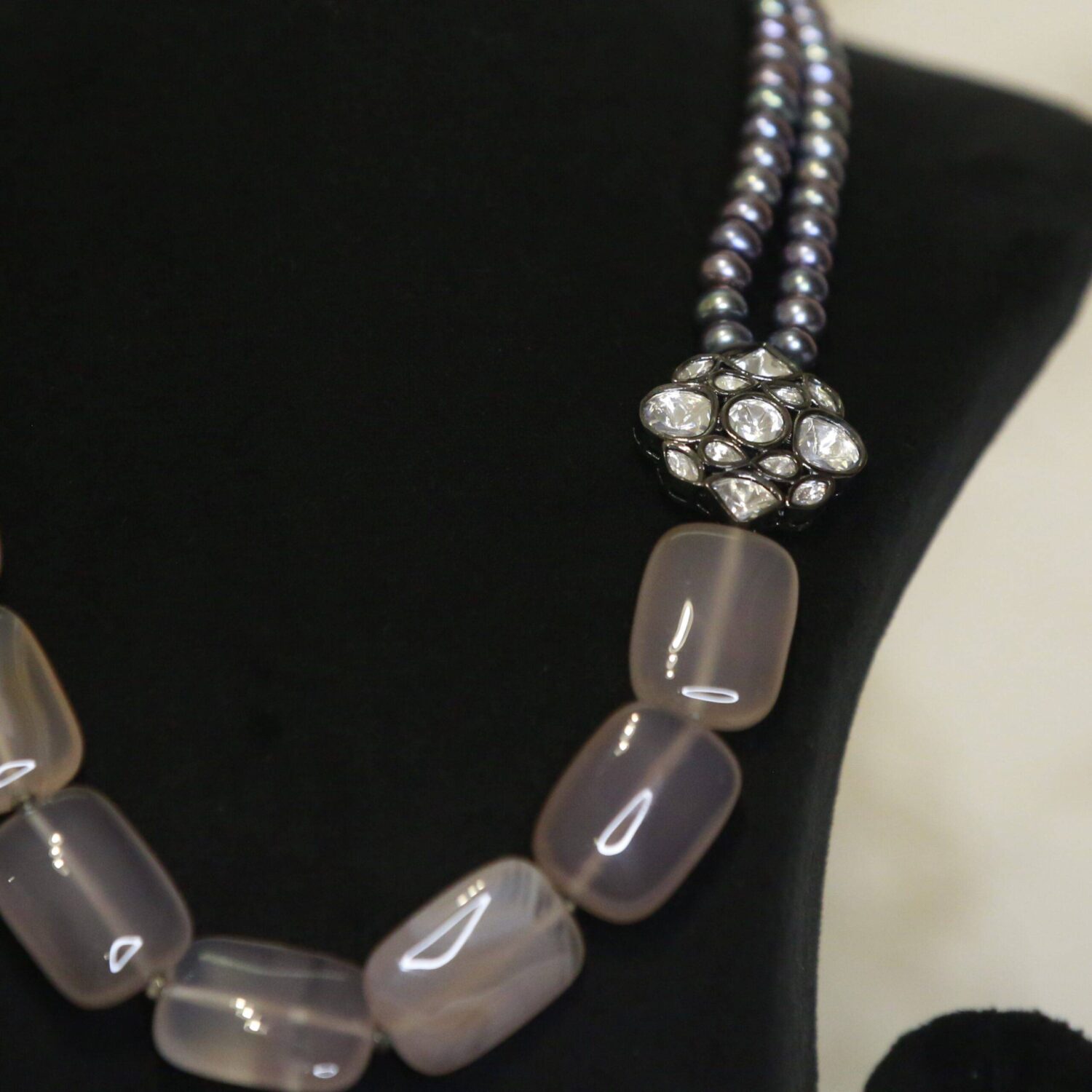 Striking Blue Pearl Necklace With Oxidized Polki Pendant & Grey Onyx - Image 2