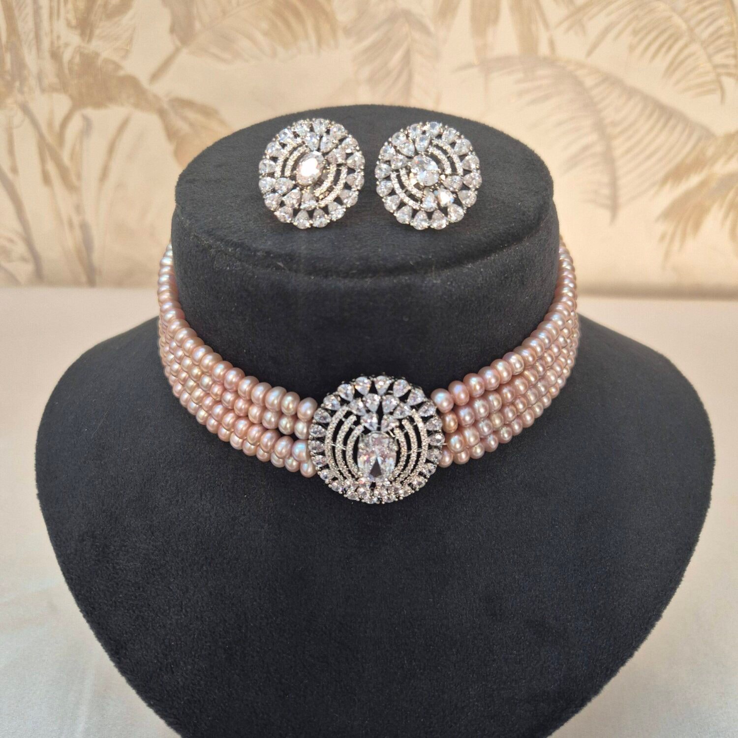 Subtle Multi-line Lavender Semi-round Pearls Choker With Oxidised CZ Pendant - Image 2