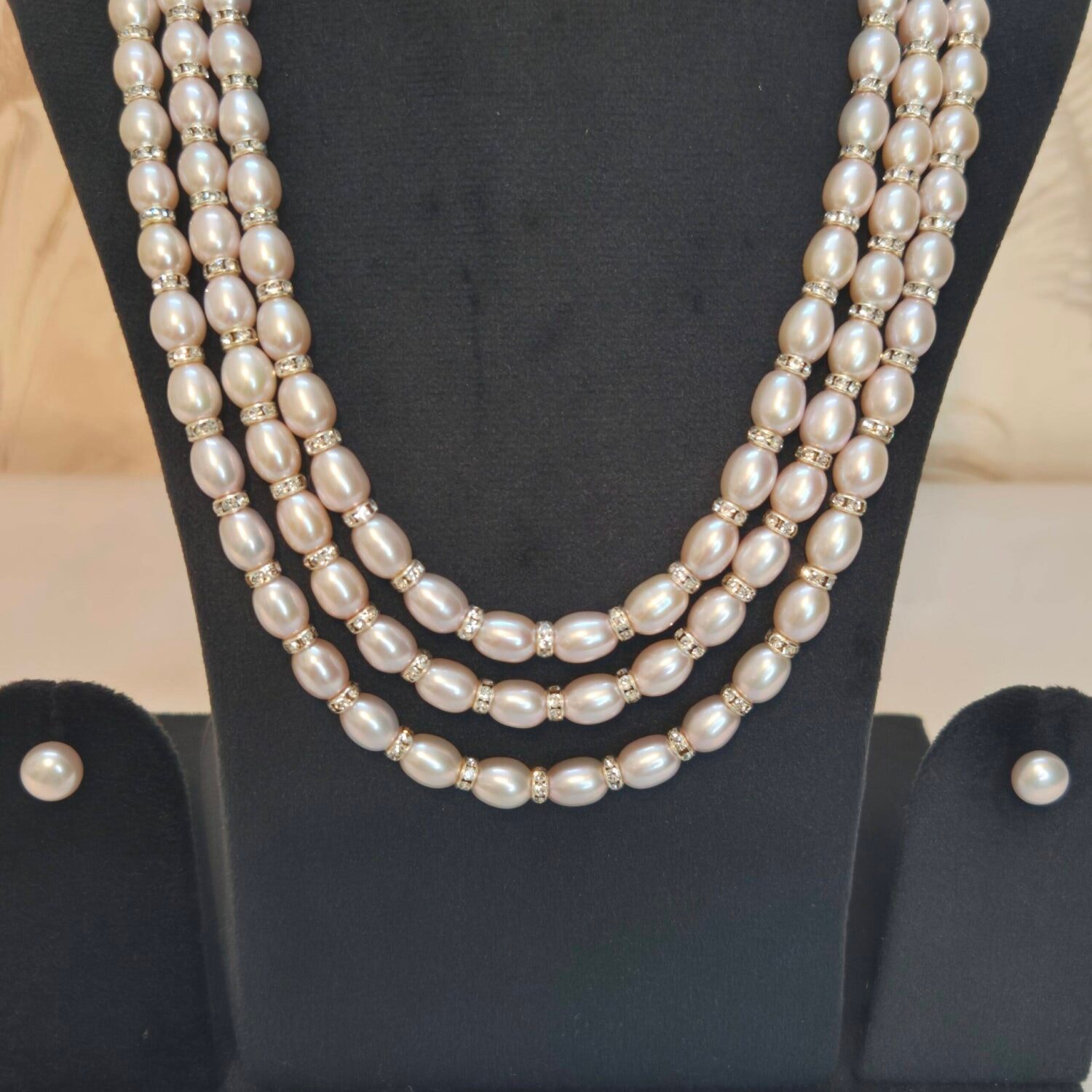 Mesmerizing 7mm Lavender Oval Pearls 20Inch 3Line Necklace With CZ - Image 2