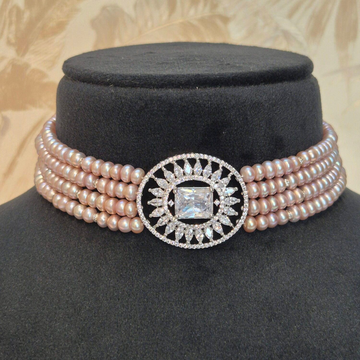 Ravishing Multi-line Lavender Semi-round Pearls Choker With CZ Pendant - Image 3