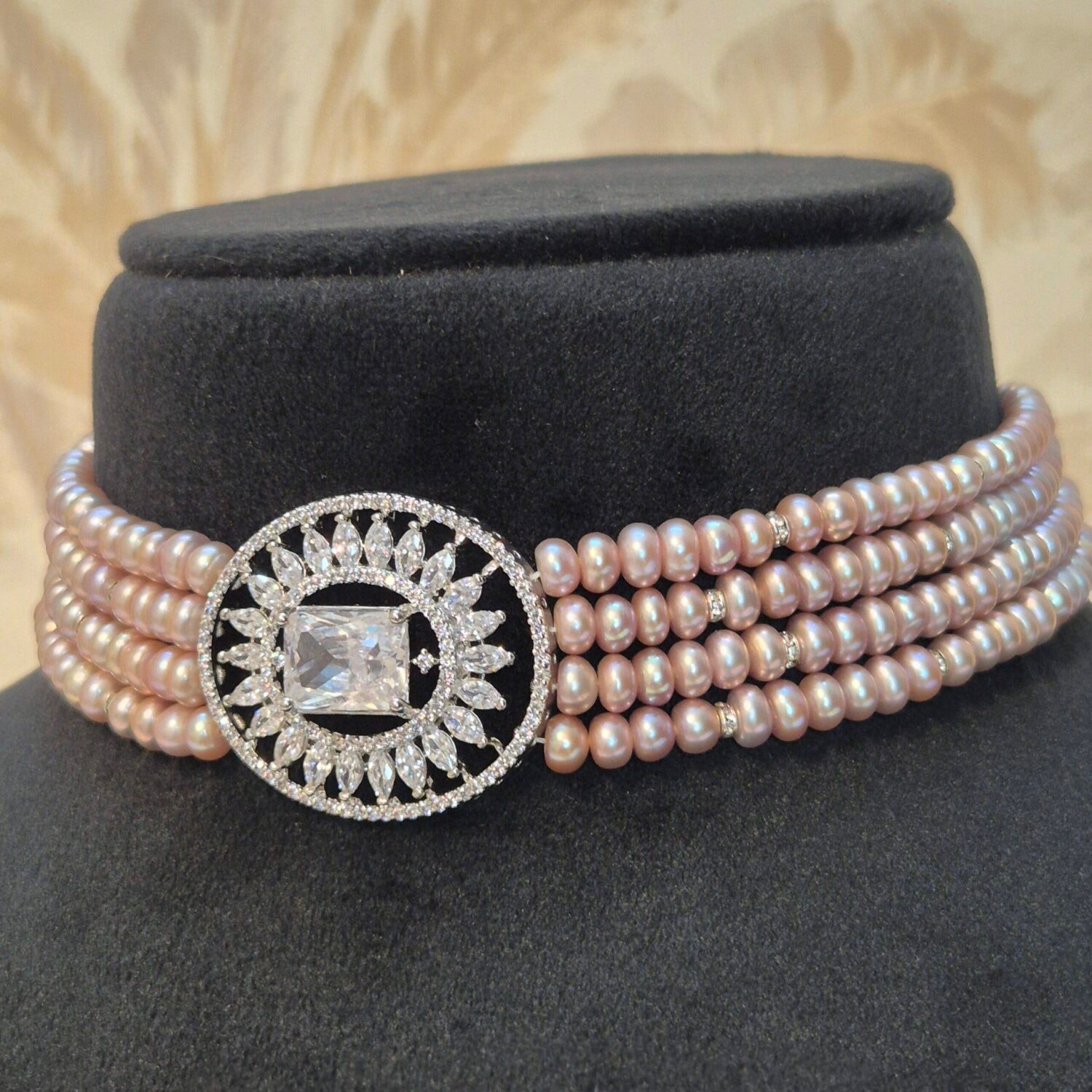 Ravishing Multi-line Lavender Semi-round Pearls Choker With CZ Pendant - Image 2