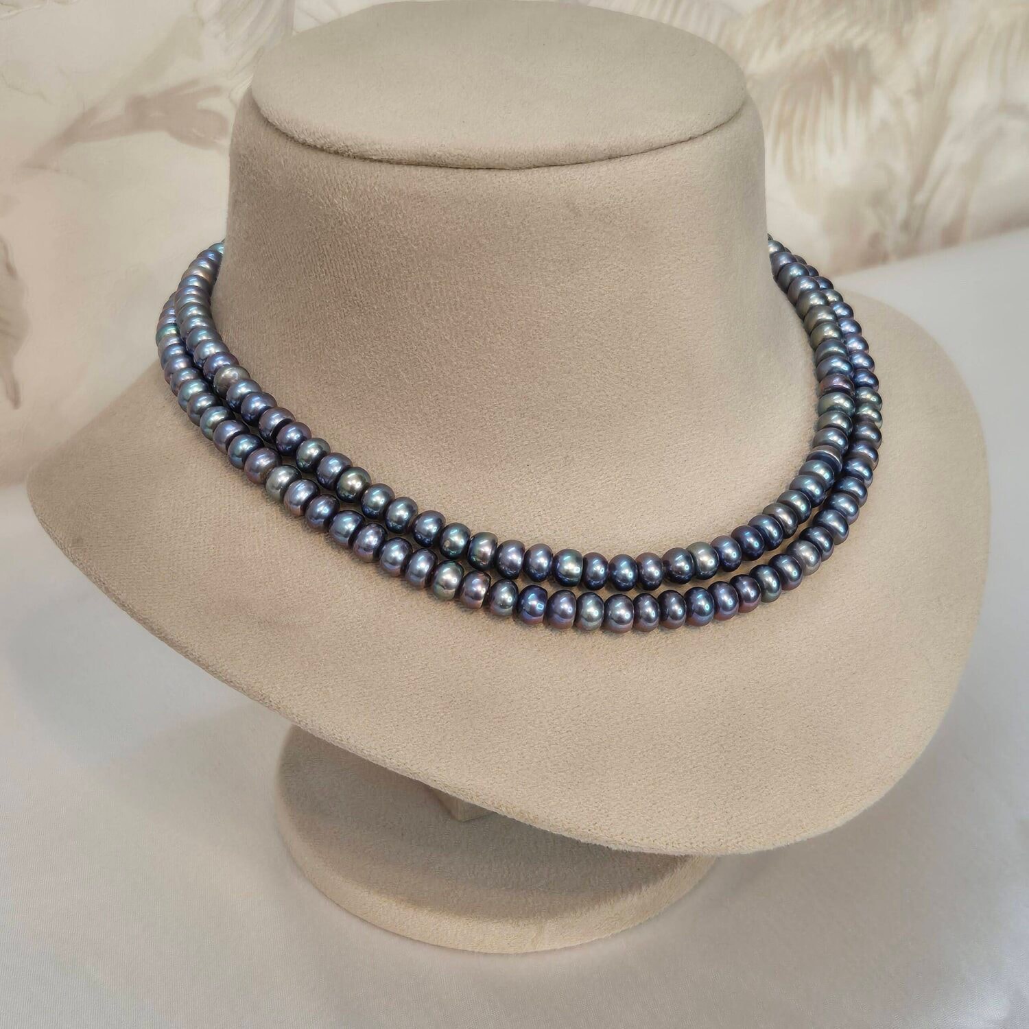 Lovely 2row 17Inch Necklace With 7mm Beautiful Blue Semi-Round Pearls - Image 2