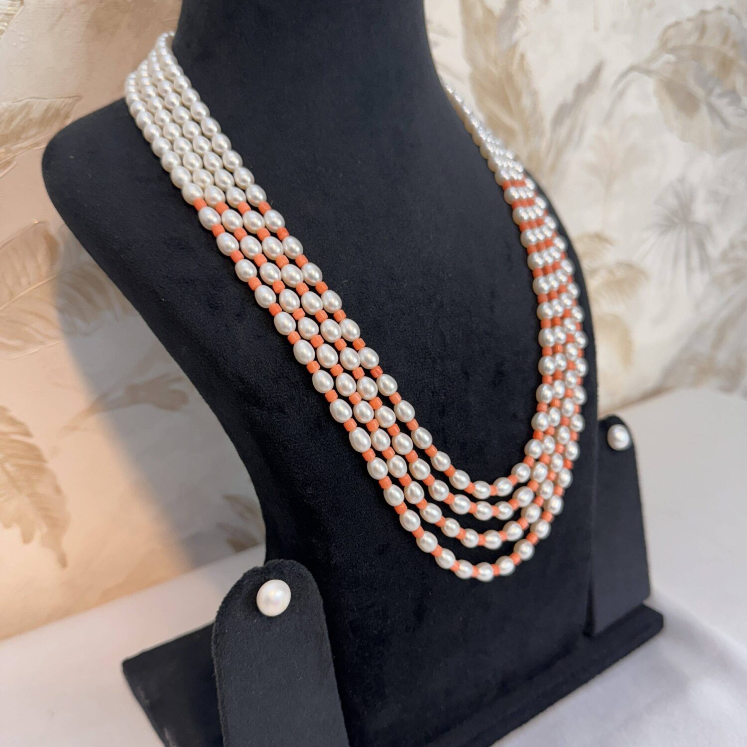 Exquisite Multi-Layer 25Inch Long Necklace With White Oval Pearls And Coral Beads - Image 2